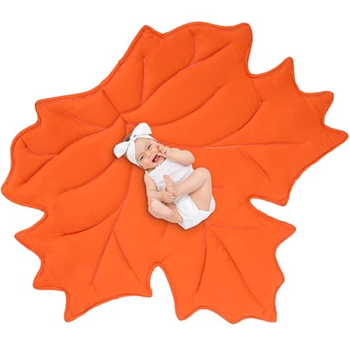 Image of Funtery Baby Play Mat 56 x 42 Inch Cotton Crawling Cushion Cotton Nursery Rug Large Thick Soft Reversible Washable Folding Floor Playpen Mat Nursery Decor Rug for Girls Boys(Orange,Maple Leaf)