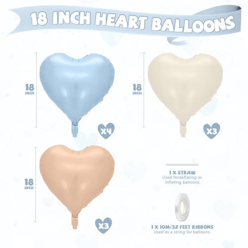 Image of Baby Blue Heart Balloons, 10 Pcs Light Blue White Heart Shaped Balloon, 18 Inch Apricot Cream Sand White Nude Foil Balloons for Engagement Brithday Baby Shower Wedding Valentines Party Decoration