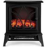 NETTA Electric Fireplace Stove Heater 1600-1800W with Fire Flame Effect, 2 Heat Settings, Adjustable Thermostat, Freestanding Portable Electric Log Wood Burner Effect - Black