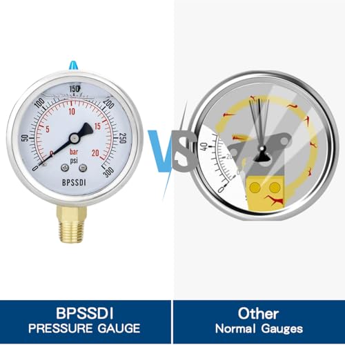 Image of 0-300 Psi Glycerin Liquid Filled Pressure Gauge, 2.5 inch Dial Size, 1 /4 inch NPT Lower Mount, 304 Stainless Steel Case, for Pool Pump Sand Filter Air Compressor, Water Oil Air Pressure Test