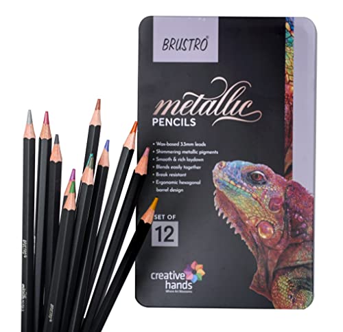 Image of BRUSTRO Artist Metallic Colour Pencil Set of 12 Shades, 3.3mm Lead with Wiro Bound Sketch Book, A5 (5.8x8.3 Inches), 120 Pages, 160 GSM | Ideal for Drawing, Sketching, Shading,Mandala Art