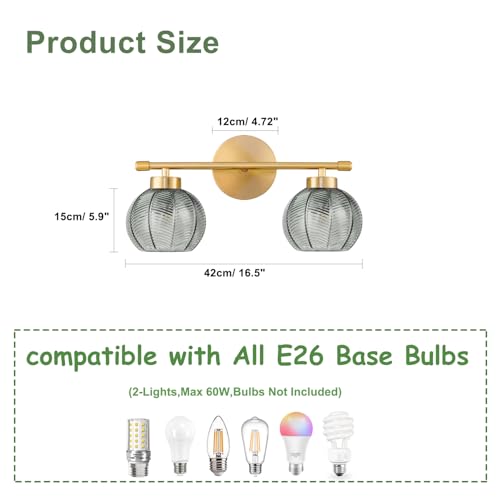 Image of Gold Bathroom Light Fixtures Vanity Wall Light Over Mirror 2-Lights Green Glass Wall Sconces Mid Century Wall Mount Light Fixture Modern Wall Light for Bathroom Stairs Bedside Bedroom