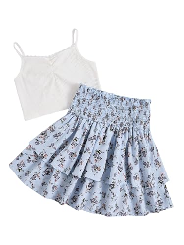 Image of RoseSeek Girl's 2 Piece Outfits Lace Ruched Camisole Tops and Shirred High Waisted Layered Floral Skirts Set