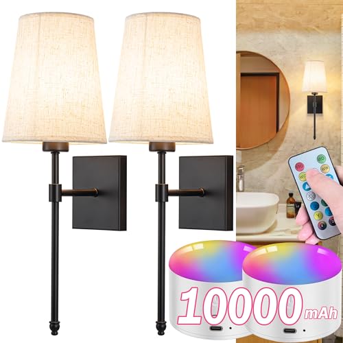 Image of Battery Operated Wall Sconce Light Set Of Two, Battery Operated Sconces Wall Lighting Indoor Wireless Wall Sconce With Remote Control, Dimmable Battery Wall Lamp With 3CCT Bulb For Bedroom Living Room