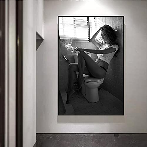 Moderne Toilette Sexy Frau Leinwand Gemälde Mädchen Rauchen und Trinken Drucke und Poster Wandkunst Bild für Wohnzimmer Dekor 70x100cm Rahmenlos Cover