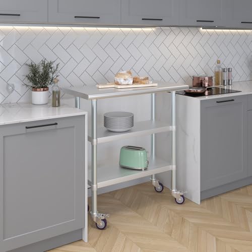 Image of AmGood Stainless Steel Work Table with 2 Shelves and Casters | Metal Utility Table On Wheels (Stainless Steel Work Table with 2 Shelves + Casters, 36 inch Long x 18 inch Deep)