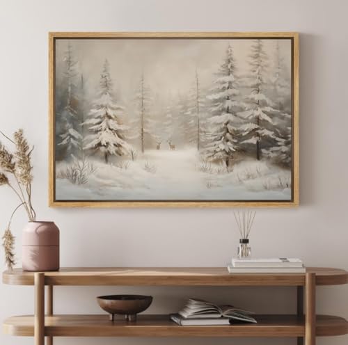 Framed Vintage Winter Forest Canvas Wall Art – Rustic Snowy