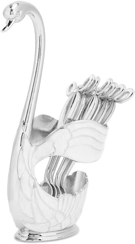 Coffee Dessert Spoon Set, Metal Dinner Swan Base Holder Fork Teaspoon Dinnerware Organizer with 6Pcs Mini Ice Cream Spoons for Stirring Mixing Sugar Fruit Cake Flatware Creative Delicate Gift Silver