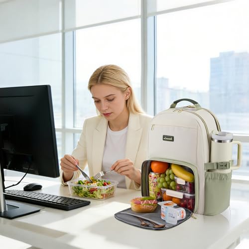 Image of LOVEVOOK Lunch Backpack with Lunch Compartment,17 Inch Laptop Work Travel Insulated Cooler Backpack,Waterproof College Teacher Lunch Bag Box,Gifts for Men Women,White-Bean Green-Dark Olive Green