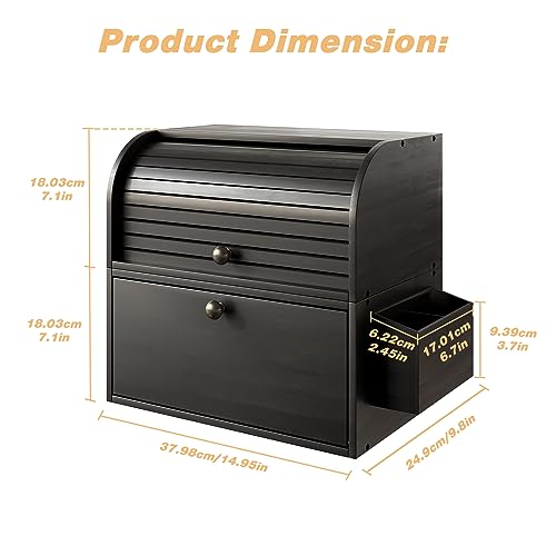 TQVAI Bamboo Bread Box for Kitchen Countertop Dobule Layer Roll Top Bread Bin with Silverware Basket - Can Use as 2 Individual Bread Boxes - Assembly Required, Black