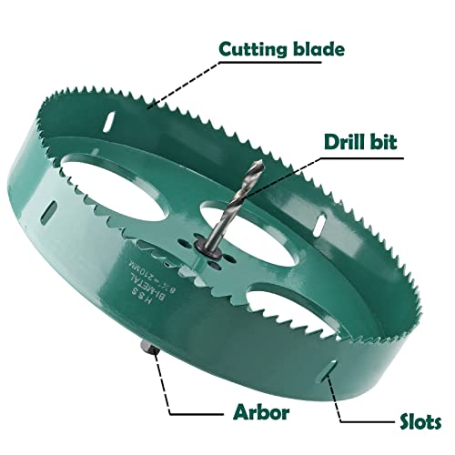 Image of 8-1 /4 Inch / 210mm Hole Saw with Heavy Duty Arbor, 8.25 Inch Hole Saw HSS Bi-Metal Hole Cutter Smoothly Cutting in Cornhole Boards, Plastic, Wood, Fiberboard, Drywall