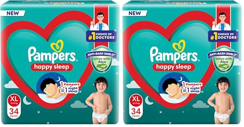 Image of Pampers Happy Sleep Pant Style Baby Diapers, X-Large (XL), 36 Count, 1 Pampers : 1 Night Sleep, with Anti Rash Shield, 12-17 Kg Diapers (Pack of 2)