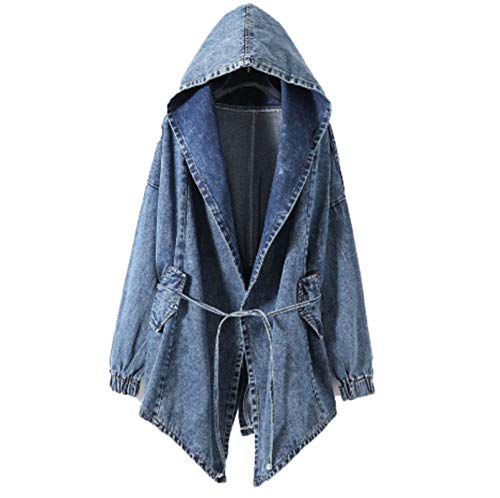 UAZNegozio Women's Denim Hooded Jacket Oversized Loose Jean Coat Lapel 3/4 Sleeve Windbreaker With Pockets (Blue #1, One Size)