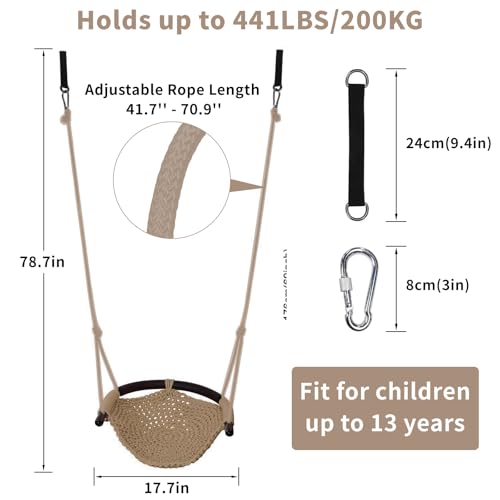 Image of Hi-Na Tree Swing for Kids, Adjustable Toddler Rope Swing Seat with Snap Hooks and Straps, 440 lbs Capacity, Swingset Accessories for Indoor Porch Doorway Outdoor Playground Backyard (Khaki)
