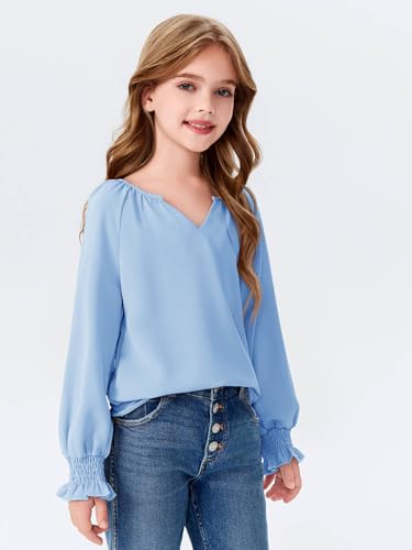 Haloumoning Girls Shirts Long Sleeve V Neck Chiffon Tops Cute Blouses Tops 5-14 Years4