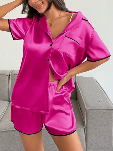 Image of Ekouaer Womens Satin Pajamas Set 2 piece Silky Buttton Down Short Pjs | Silk Notch Collar Top and Soft Shorts Lounge Set for Sleep, Daily Wear, Home, Wedding, Party