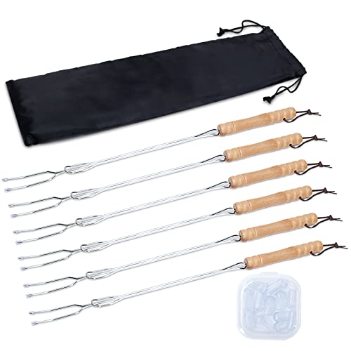 HENGI 6 Pack Marshmallow Sticks for Fire Pit, 30" Extendable Long Smores Sticks, Hot Dog Sticks for Campfire, Telescoping Heavy Duty Campfire Forks Roasting Sticks for Fire Pit with Carry Pocket
