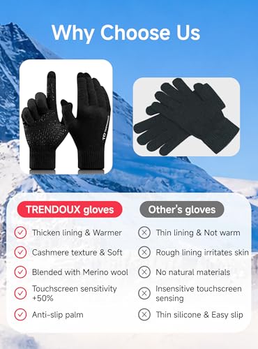 TRENDOUX Merino Wool Winter Gloves for Men Women, Cold Weather Warm Touchscreen Unisex, Non-slip, Knit Elastic Cuff