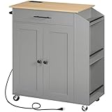 HOOBRO Kitchen Island with Power Outlet, Storage Island with Spice Rack and Drawer, Rolling Kitchen Cart on Wheels, for Home, Dining Room,...