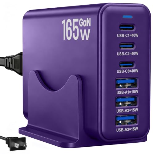 Image of 165W Charging Station, 6 Port Desktop Charger, 3 Ports 40W Purple | Multi-Device Charger, 3 PD USB C 40W and 3 15W USB A, Compatible with iPhone, Galaxy, MacBook, Tablets, Home Office, Travel