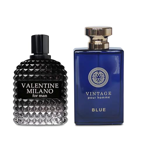 Image of AFLUXE 2PCS Valentine Milano /Vintage Blue Eau De Toilette for Men-Fresh,Romantic Scent Perfume for Men 3.4 Fl Oz Each Mens Cologne For All Skin Daily Used