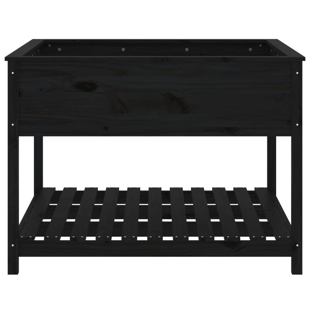 Macetero con estante de madera de pino maciza, color negro, 111,5 x 111,5 x 81 cm, para terraza, balcón, jardín, bancal, jardinera, con práctica superficie de almacenamiento para verduras