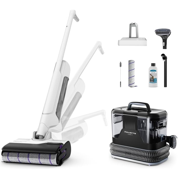 Rowenta X-Clean 10 et Clean it, Aspirateur Laveur sans Fil et Shampouineuse, Parfait pour Tâches Tenaces et Poils, Sols Durs, Moquettes et Tapis GZ7540WO + IN5010F0