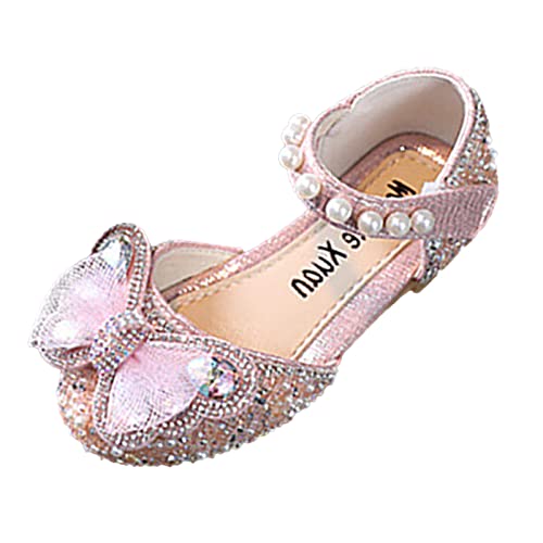 Girls White Dress Shoes Fashion Spring and Summer Girls Sandals Dress Performance Dance Shoes Mesh Rhinestone Bow Hook (Pink-2, 3 Big Kids)