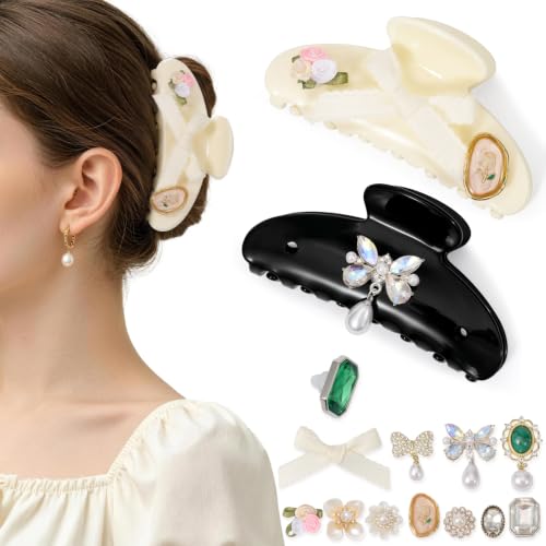 2 Pack Hair Clips with Charms Sets, 4 Inch Large Customizable Claw Clips