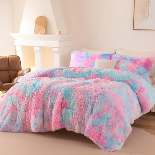 Image of King Size Fluffy Bedding Set Pink Purple Faux Fur Plush Comforter Set Rainbow Tie Dye Furry Warm Bed Quilt Set, 3 Pieces (Pink Purple, King)