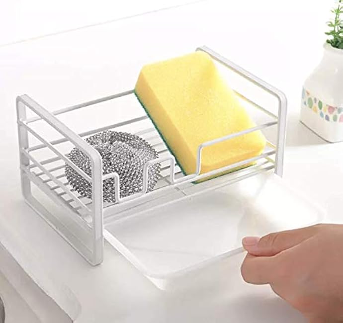 Sponge Holder For Kitchen Sink - With Drain Pan - White Iron Metal - Sink Caddy - Kitchen Sink Organizer - Kitchen Sink Soap Holder With Removable Tray