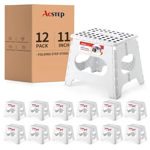 Image of 12 Pack 11 Inch Folding Step Stool, Sturdy Plastic Foldable Step Stool for Kids & Adults, Non Slip Lightweight Collapsible Foot Stools Holds 300 lbs, Ideal for Kitchen, Bathroom, Outdoor, White