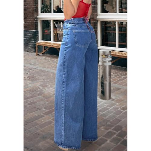 Image of Women's Straight Leg Jeans High Waisted Wide Leg Stretchy Baggy Denim Pants