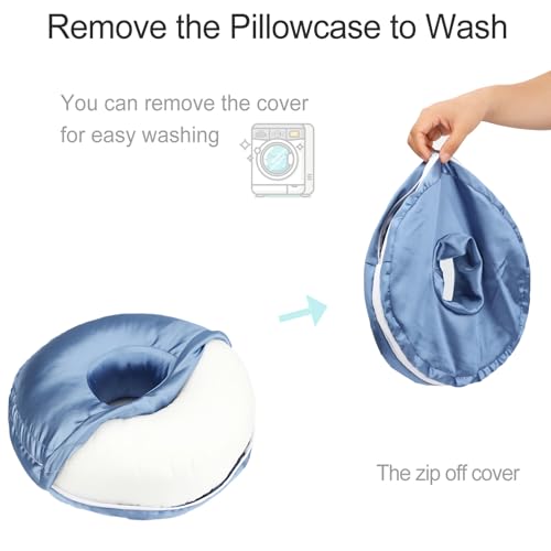 Washable Silky Satin Ear Piercing Pillow with Removable Pillowcase Smooth Cooling Donut Pillows Hole for Ear Pain Relief CNH Sleeping Pressure Sore Side Sleepers Ear Guard Protector, Haze Blue