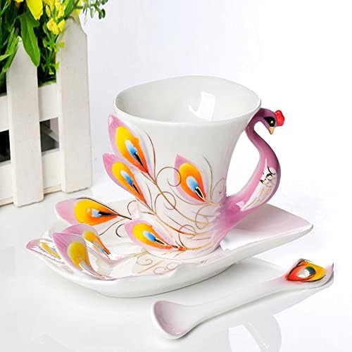 YUEMING Ceramiczny zestaw kubków do kawy emaliowany paw kubek do kawy porcelanowy kubek chiński emaliowany kubek do herbaty i spodek zestaw z łyżką nadaje się na podwieczorek, ślub, imprezę, fioletowy