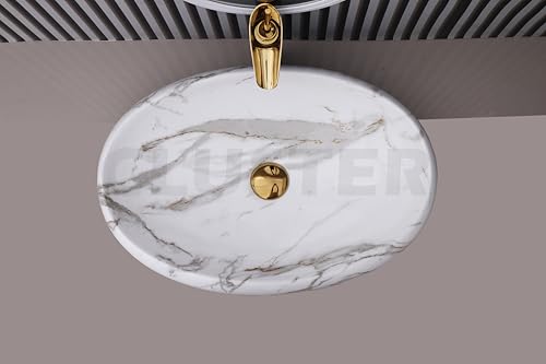 Image of CLUSTER Designer Glossy Ceramic Table Top Wash Basin For Bathroom | Countertop Bathroom Sink For Livingroom, Resturant Decor, Oval Shape (24 x 16 x 6 inch)