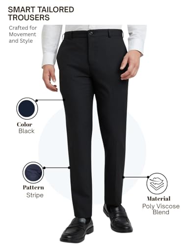 Image of Raymond Men's Mid Rise Slim Fit Stripe Pattern Polyester Blend Flat Front Formal Trouser
