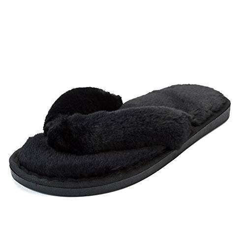 heelchic Women's Comfortable Faux Fur Fuzzy Slippers Fluffy Memory Foam Thong Slippers Black
