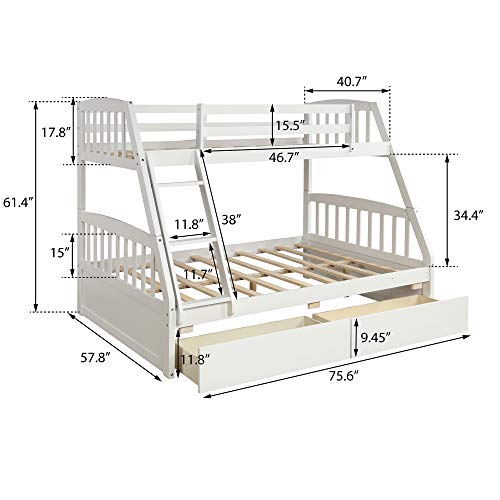 Merax Solid Wood Twin Over Full Bunk Bed with Two Storage Drawers and Removable Ladder, White