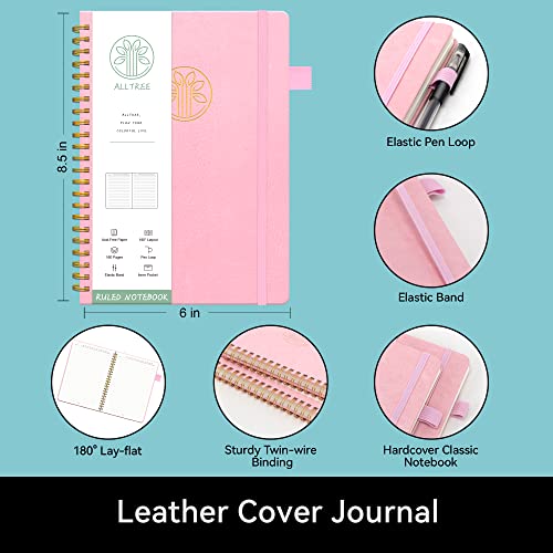 Lined Spiral Journal Notebook, Hardcover Spiral Journal For Writing, Medium A5-6 Inches X 8.5 Inches, Alltree Twin Wire Spiral Bound Notebook With Date & Month Recording, Pen Loop, Pocket, Stickers, 160 Pages, Pink #TOP3