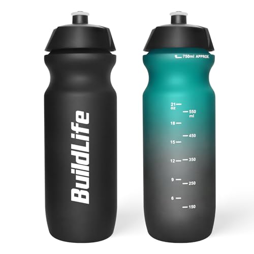 BuildLife Sport Water Bottle 2 Pack, 750ml Squeeze Bottle, BPA Free & Leak Proof Dishwasher Safe Cycling Bottles for Working Out, Fitness, Hiking, Outdoor Sports