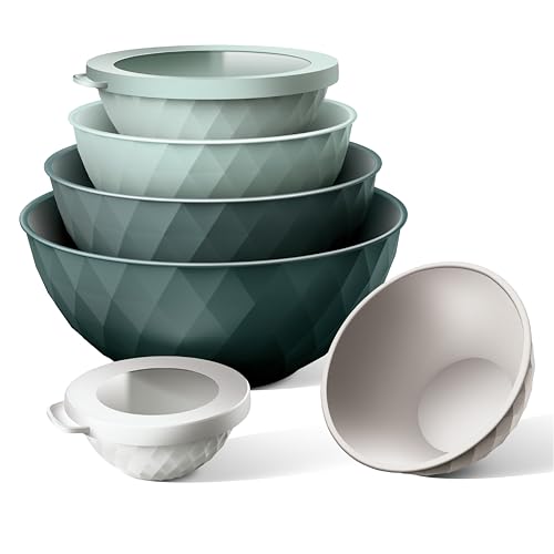 COOK WITH COLOR Mixing Bowls with Lids - 12 Piece Plastic Nesting Bowls Set includes 6 Prep Bowls and 6 Lids, Diamond Design - Microwave Safe, Green