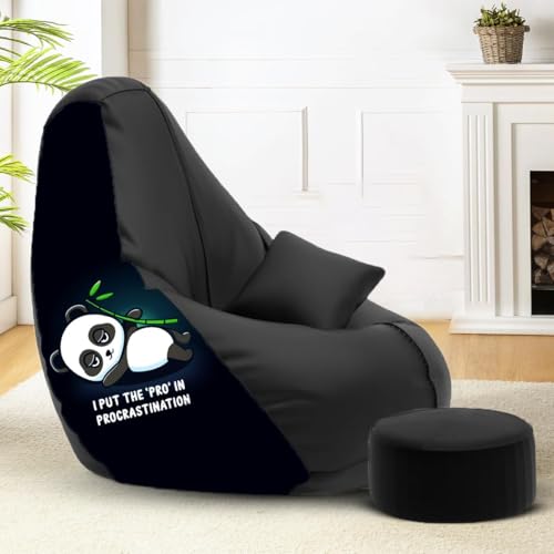 Image of Amazon Brand - Solimo 6XL Premium Faux Leather Bean Bag Combo with Footrest & Cushion, Filled with Beans | Capacity: Upto 6 Ft 9 in Height, 135 KG Weight | Panda Pro | Black
