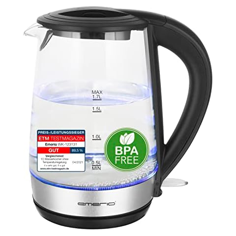 Emerio WK-123131, Glas Wasserkocher 1.7L, BPA frei, bestes Borosilikatglas Cover