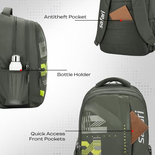 Image of Safari Aether 3 37L Casual Printed Laptop Backpack, school bag for boys and girls, college bag, office bag, travel bag for men and women, 3 compartments, Raincover, Bottle holder, Color- Olive