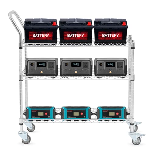 Briwooody Rolling Battery Rack Adjustable Height Car Battery Display Shelf with Wheels Holds 12 Batteries Supports 330 Pounds Server Batteries Organizer for Boat Motorcycle Lithium Storage