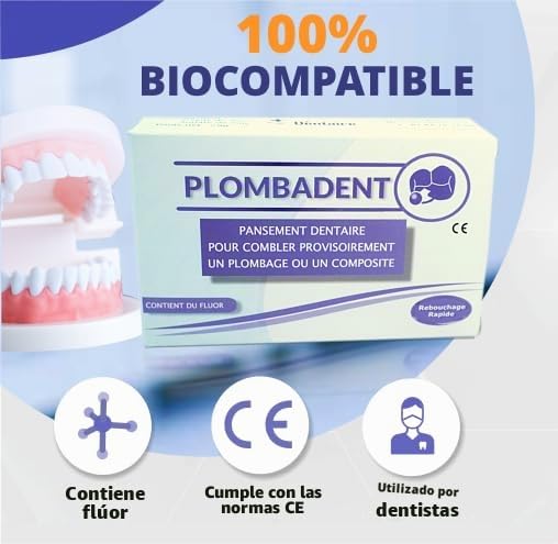 Plomabdent-Apósito dental para tapar una caries, obturación de un agujero, relleno o amalgama perdidos. Fabricación 100% francesa. Pata lista para usar. Endurece rápidamente; + 30 aplicaciones.
