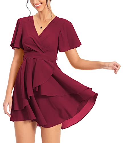 Image of PCEAIIH Women's Cocktail Dresses Short Sleeve Empire Skater Dress Deep V-Neck Waist Tie Ruffle Mini Swing Dresses L Wine Red