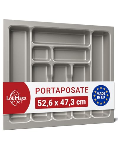 LouMaxx Portaposate per cassetti larghi cm, portaposate cm, prodotto in Germania, grigio con scomparti e angoli stabili, infrangibile e durevole (grigio argento, 47,3 x 52,6 cm - 8 scomparti)