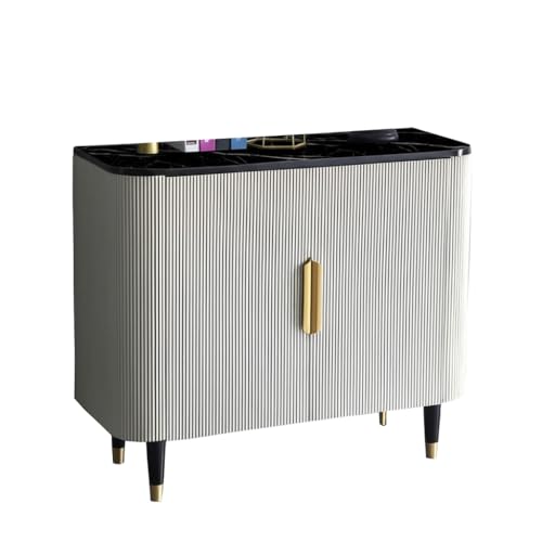 Image of Boston Console Table, Black Marble Top, Charcoal Louvers, Golden Accents, 36x15x30 Inch, Waterproof Plywood, 3-Shelf Storage Cabinet, Elegant Entryway or Living Room Display Table
